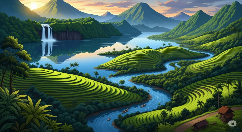 Illustration of Lakes Rivers and Waterfalls in Indonesia Enchanting