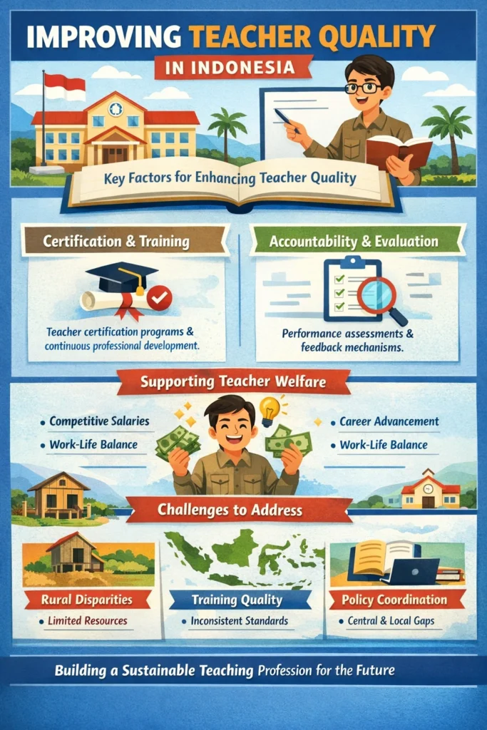 Infographic illustrating teacher quality improvement and certification system in Indonesia, including training, accountability, welfare, and regional challenges