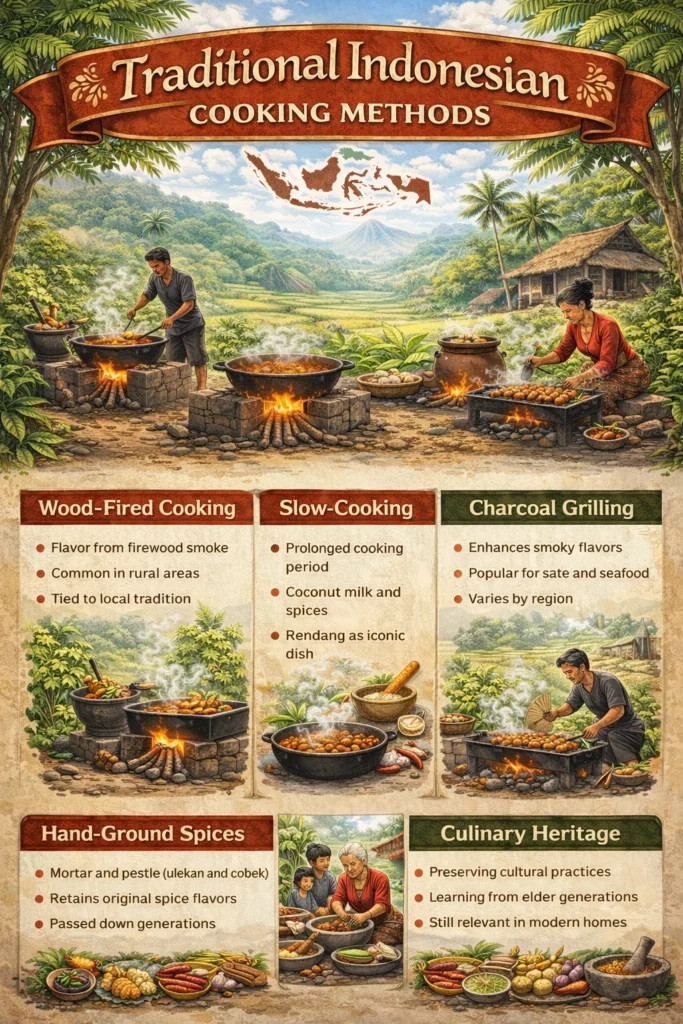 Infographic overview of traditional Indonesian cooking methods including wood-fired cooking, slow-cooking, charcoal grilling, hand-ground spices, and culinary heritage